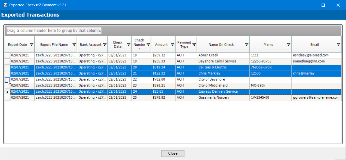 Select Exported Transactions